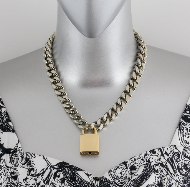 FC948SQ-BRS CUBAN CHAIN PADLOCK NECKLACE