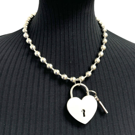 FC956HT-SIL-L  JUMBO 2"  LOCK HEART PENDANT BALL CHAIN NECKLACE