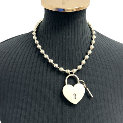 FC956HT-SIL-L  JUMBO 2"  LOCK HEART PENDANT BALL CHAIN NECKLACE