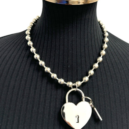 FC956HT-SIL-L  JUMBO 2"  LOCK HEART PENDANT BALL CHAIN NECKLACE