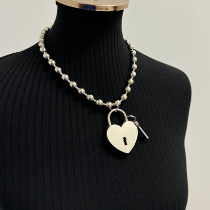 FC956HT-SIL-L  JUMBO 2"  LOCK HEART PENDANT BALL CHAIN NECKLACE