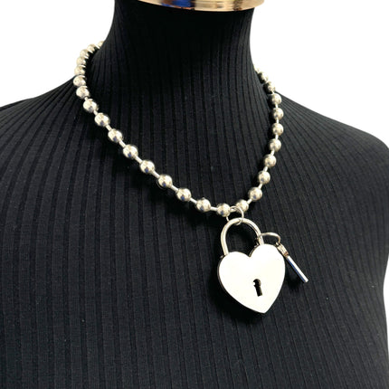 FC956HT-SIL-L  JUMBO 2"  LOCK HEART PENDANT BALL CHAIN NECKLACE