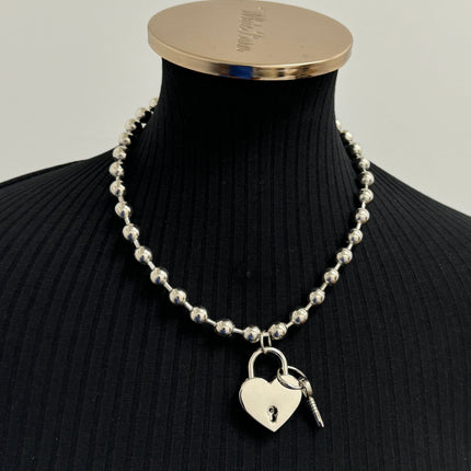 FC956HT-SIL LOCK HEART PENDANT BALL CHAIN NECKLACE