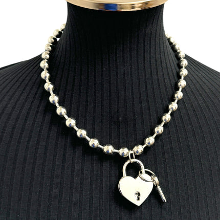 FC956HT-SIL LOCK HEART PENDANT BALL CHAIN NECKLACE