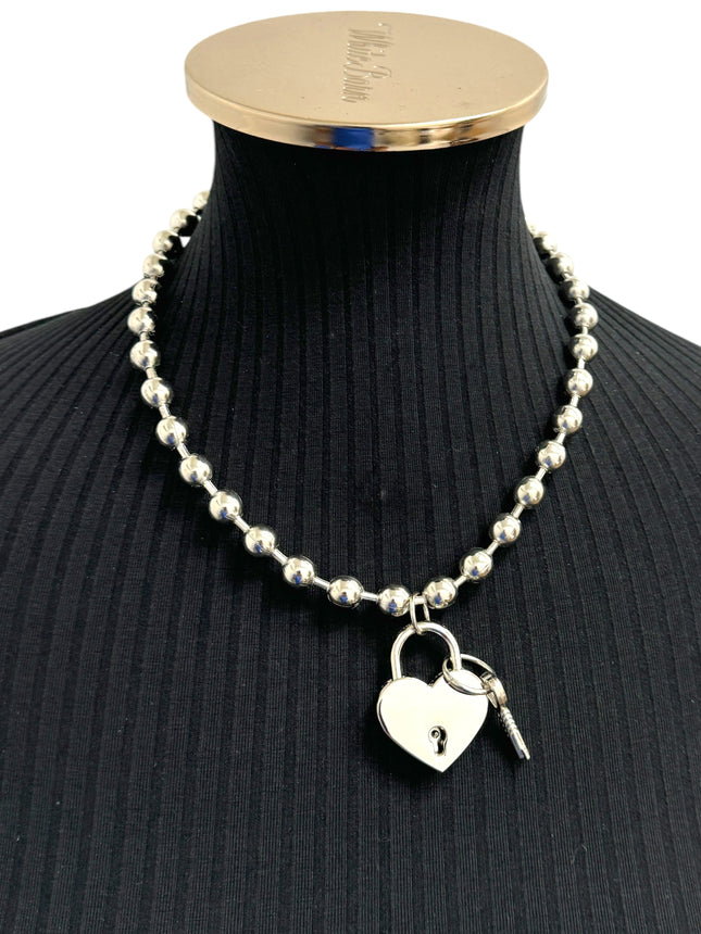 FC956HT-SIL LOCK HEART PENDANT BALL CHAIN NECKLACE