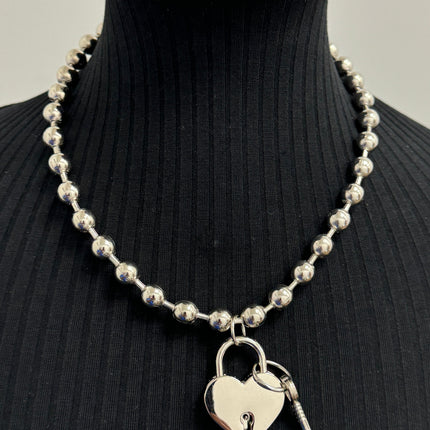 FC956HT-SIL LOCK HEART PENDANT BALL CHAIN NECKLACE