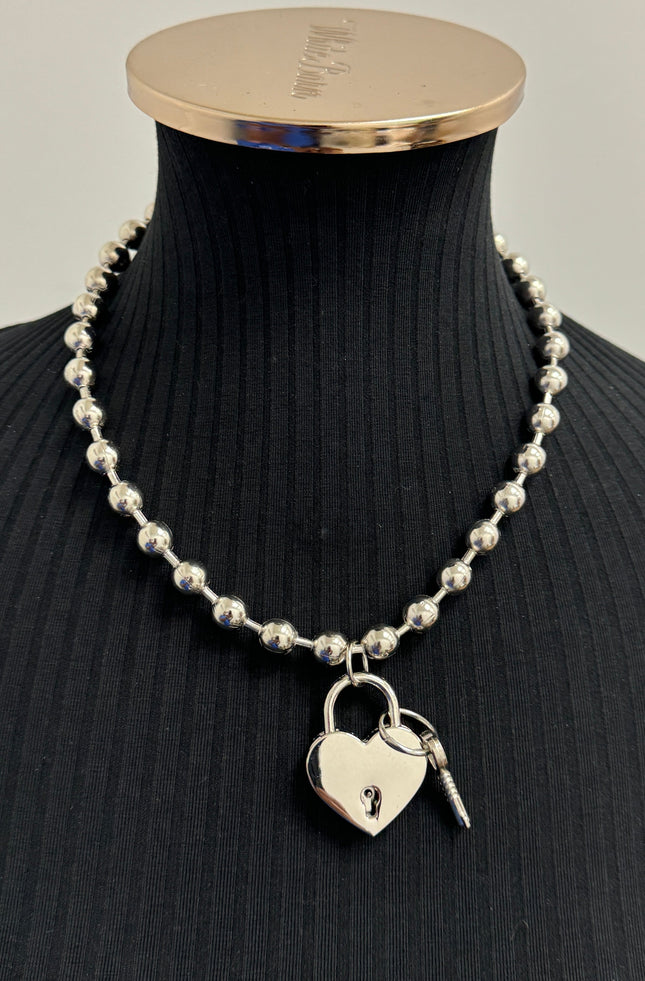 FC956HT-SIL LOCK HEART PENDANT BALL CHAIN NECKLACE