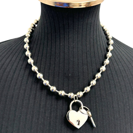 FC956HT-SIL LOCK HEART PENDANT BALL CHAIN NECKLACE