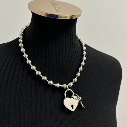 FC956HT-SIL LOCK HEART PENDANT BALL CHAIN NECKLACE