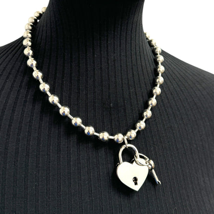 FC956HT-SIL LOCK HEART PENDANT BALL CHAIN NECKLACE