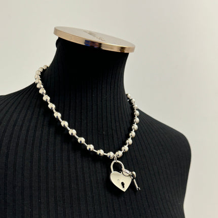 FC956HT-SIL LOCK HEART PENDANT BALL CHAIN NECKLACE