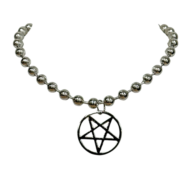 FC956PENTA-L  LARGE SILVER PENTAGRAM BALL CHAIN NECKALCE