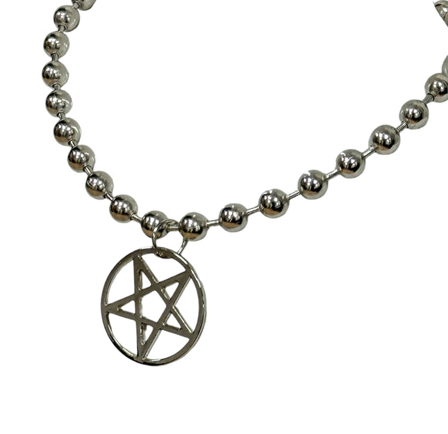 FC956PENTA-L  LARGE SILVER PENTAGRAM BALL CHAIN NECKALCE
