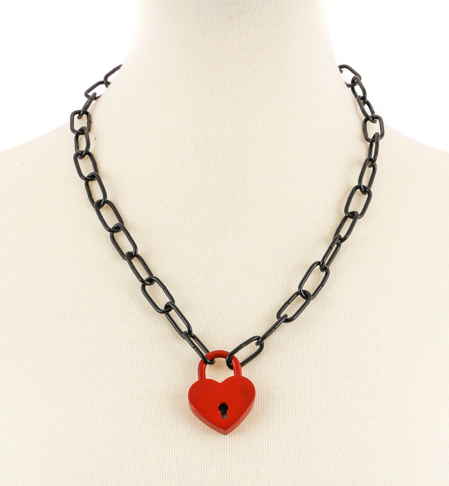 FC962HT BLACK SQUARE CHAIN HEART LOCK PENDANT WITH KEYS