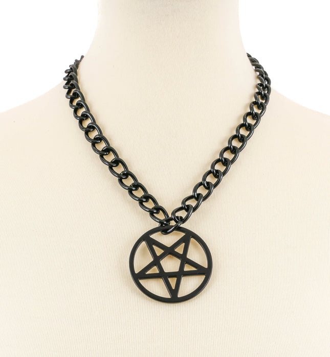 FC996L-BS  BLACK CHAIN LARGE 2" PENTAGRAM NECKLACE