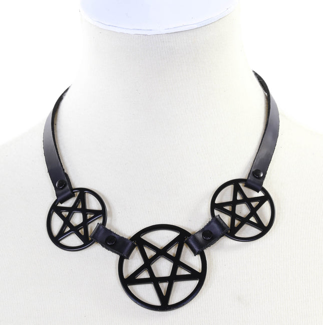FCK117 THREE PENTAGRAM CHOKER LEATHER BUCKLE BACK 1/4" LEATHER