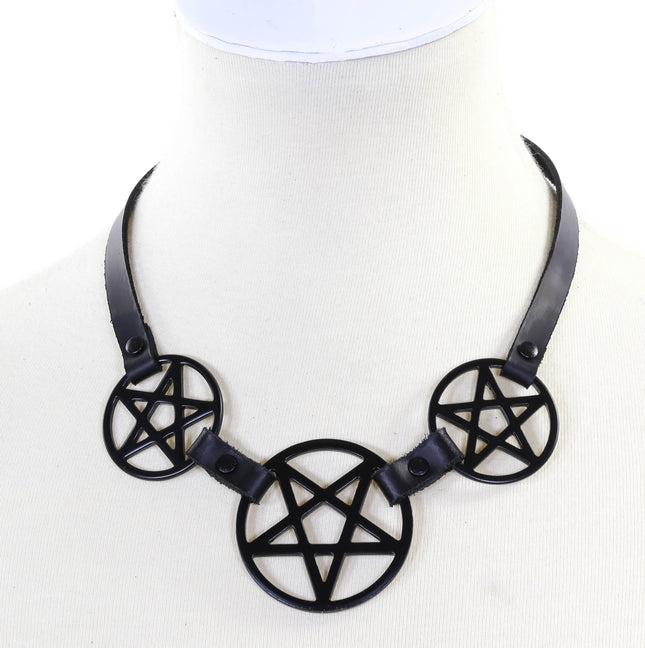 FCK117 THREE PENTAGRAM CHOKER LEATHER BUCKLE BACK 1/4" LEATHER