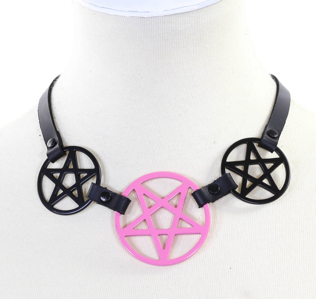 FCK117PINK THREE PENTAGRAM CHOKER LEATHER BUCKLE BACK 1/4" LEATHER
