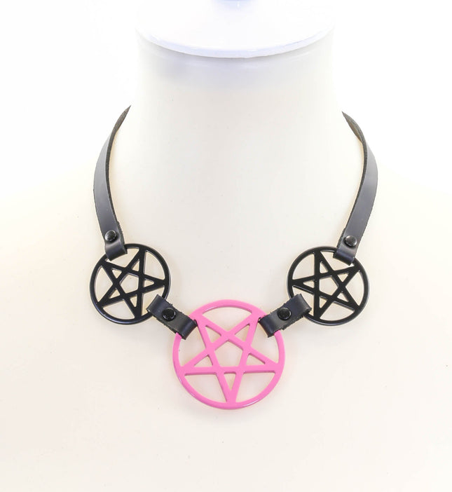 FCK117PINK THREE PENTAGRAM CHOKER LEATHER BUCKLE BACK 1/4" LEATHER