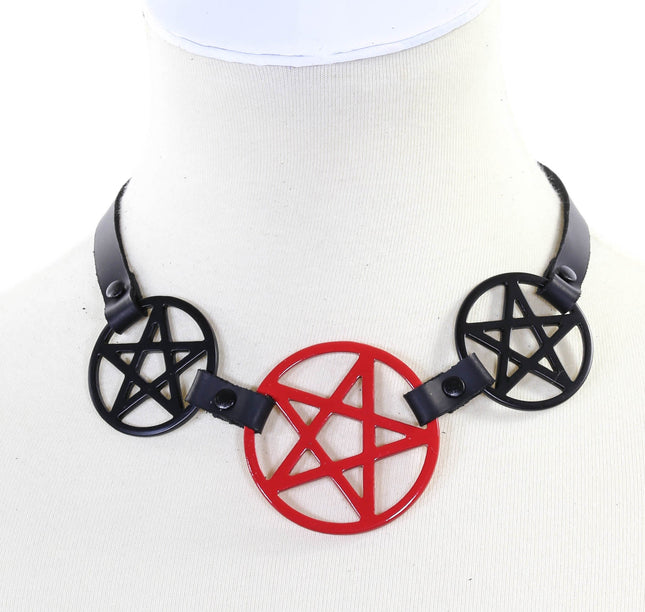 FCK117RED THREE PENTAGRAM CHOKER LEATHER BUCKLE BACK 1/4" LEATHER