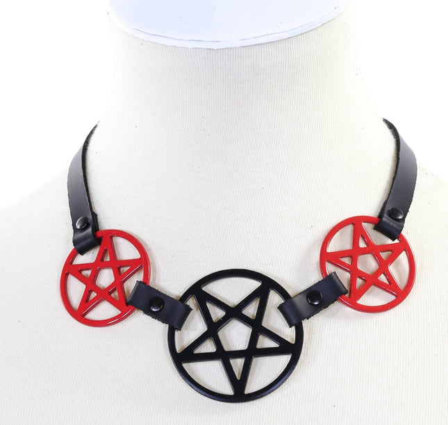 FCK117RED THREE PENTAGRAM CHOKER LEATHER BUCKLE BACK 1/4" LEATHER