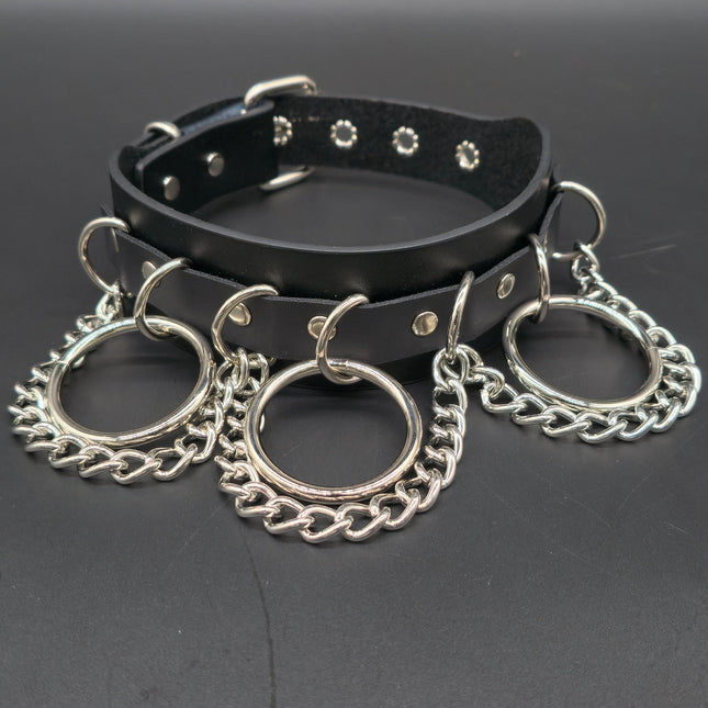 FCK134 GENUINE LEATHER  1 3/4" WIDE CHAIN RING BONDAGE CHOKER