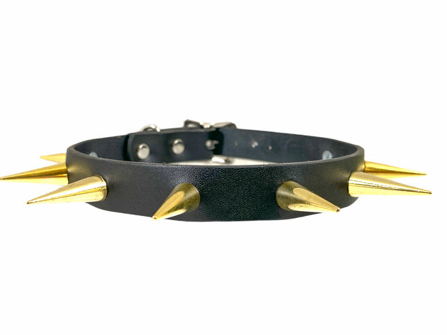FCK136-BRS 3/4" BLACK LEATHER CHOKER WITH LARGE CONE SPIKES