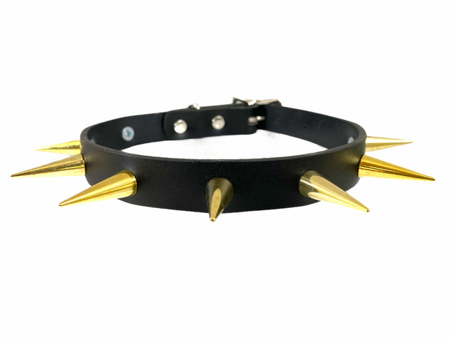 FCK136-BRS 3/4" BLACK LEATHER CHOKER WITH LARGE CONE SPIKES