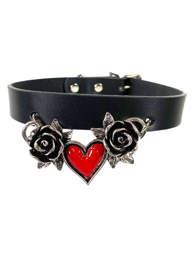 FCK210 3/4" WIDE GOTH ROSE AND HEART CHOKER
