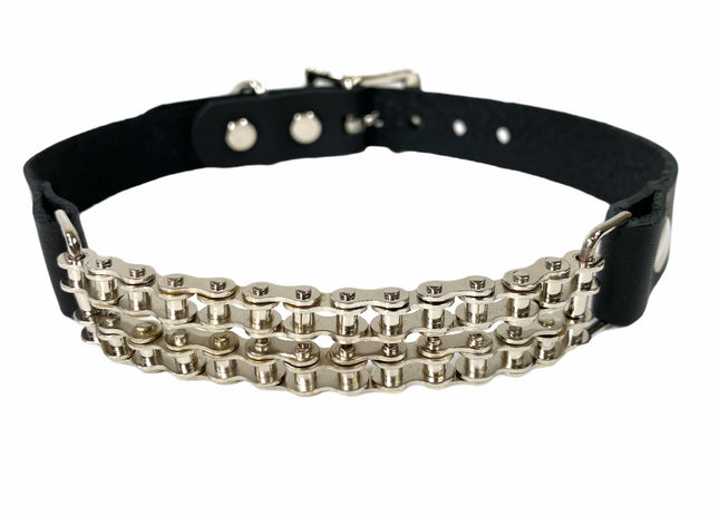 FCK235 2 ROW BIKE CHAIN CHOKER LEATHER CHOKER 3/4"
