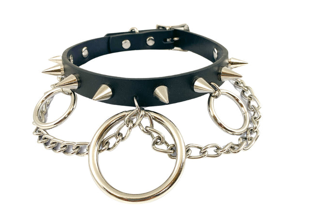 FCK278 3/4" GENUINE-LEATHER CHOKER CONE SPIKES AND 2" RING