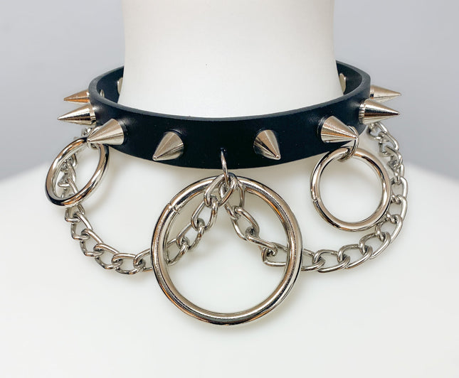 FCK278 3/4" GENUINE-LEATHER CHOKER CONE SPIKES AND 2" RING