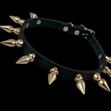 FCK324  1/2"  SKINNY WIDE 1" SPIKE BLACK LEATHER CHOKER