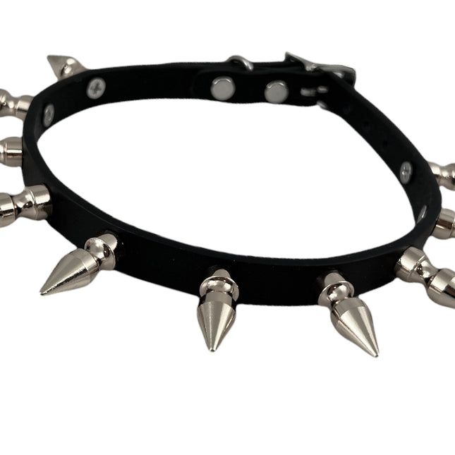FCK324  1/2"  SKINNY WIDE 1" SPIKE BLACK LEATHER CHOKER