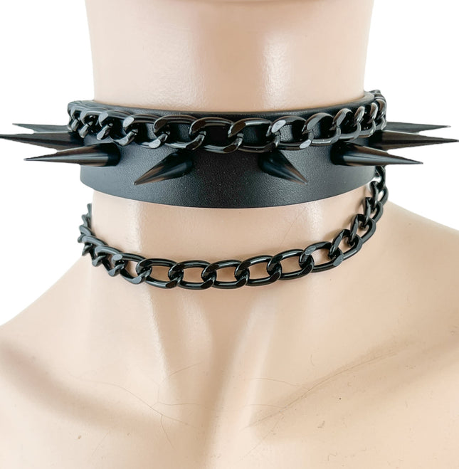 FCK325 1" BLACK LEATHER CHOKER WITH ONE ROW SLIM