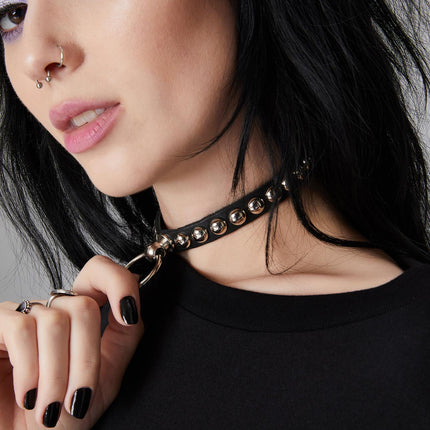 FCK442 LEATHER 1/2" SKINNY ROUND STUDDED BONDAGE CHOKER