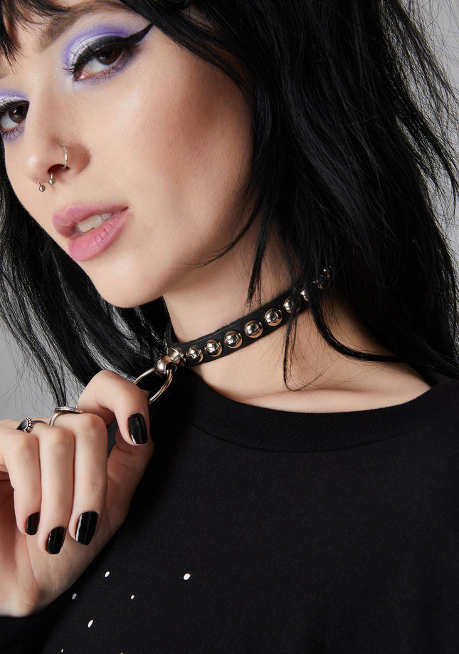 FCK442 LEATHER 1/2" SKINNY ROUND STUDDED BONDAGE CHOKER