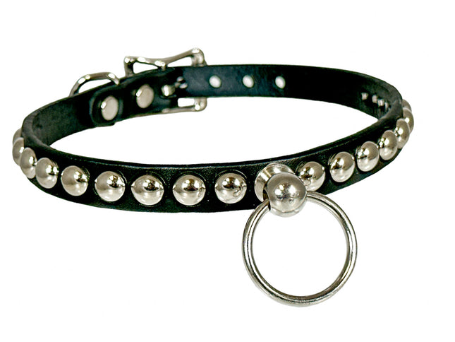 FCK442 LEATHER 1/2" SKINNY ROUND STUDDED BONDAGE CHOKER