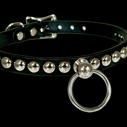 FCK442 LEATHER 1/2" SKINNY ROUND STUDDED BONDAGE CHOKER