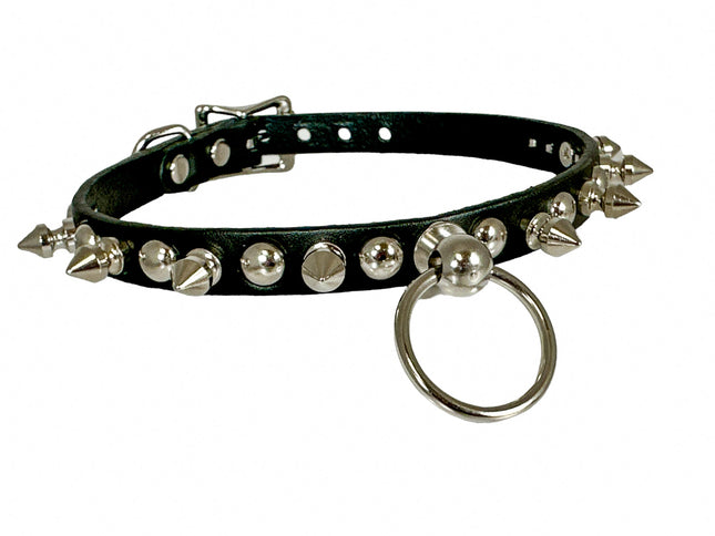 FCK444 LEATHER 1/2" SKINNY ROUND STUDDEDSPIKE  BONDAGE CHOKER