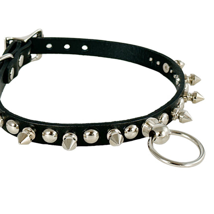 FCK444 LEATHER 1/2" SKINNY ROUND STUDDEDSPIKE  BONDAGE CHOKER