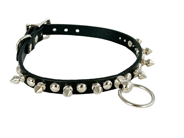 FCK444 LEATHER 1/2" SKINNY ROUND STUDDEDSPIKE  BONDAGE CHOKER