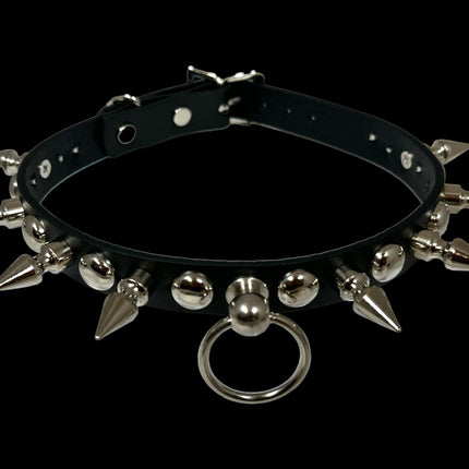 FCK446 LEATHER 3/4" ROUND STUDDED 1" SPIKE  BONDAGE CHOKER