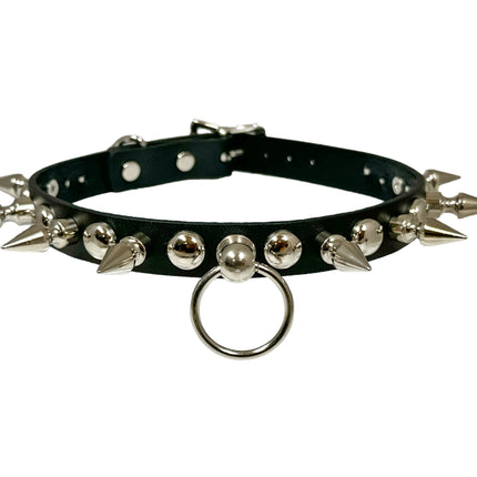 FCK446 LEATHER 3/4" ROUND STUDDED 1" SPIKE  BONDAGE CHOKER