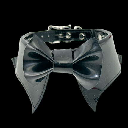 FCK502 PATENT BLACK  BOW TIE COLLAR BONDAGE CHOKER