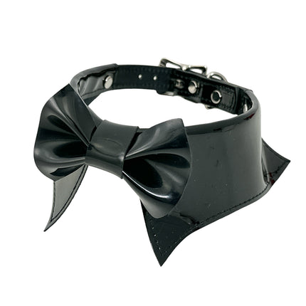 FCK502 PATENT BLACK  BOW TIE COLLAR BONDAGE CHOKER