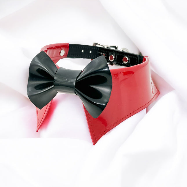 FCK502 PATENT RED BOW TIE COLLAR BONDAGE CHOKER