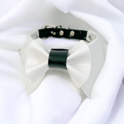 FCK502 PATENT WHITE  BOW TIE COLLAR BONDAGE CHOKER