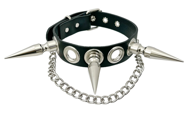 FCK506-CHAIN 1 1/2" BLACK LEATHER CHOKER WITH 3" SPIKES