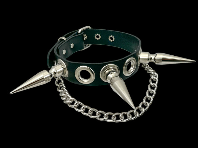 FCK506-CHAIN 1 1/2" BLACK LEATHER CHOKER WITH 3" SPIKES